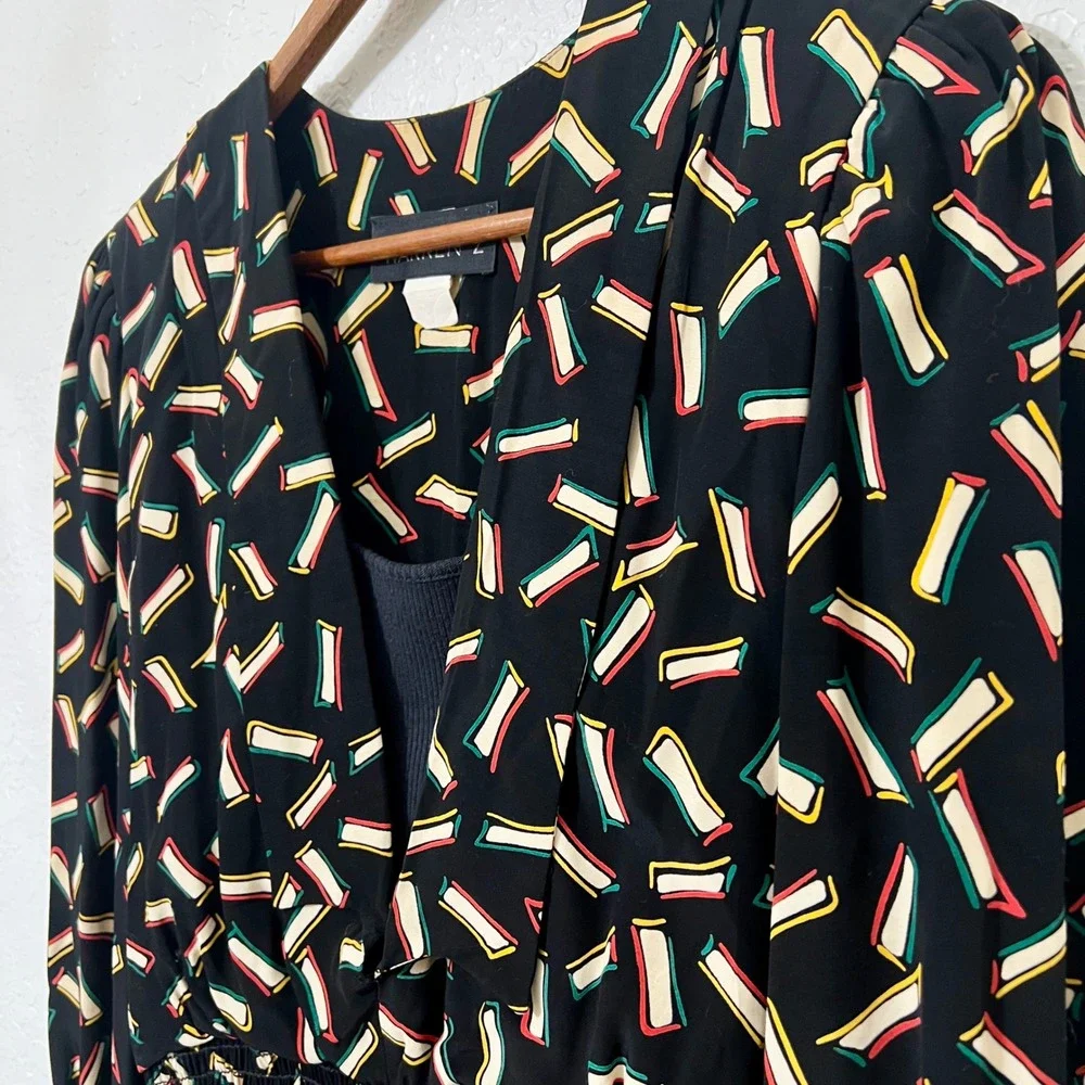 WARREN Z Black Abstract Geometric‎ Print Midi Dress Smocked Waist Retro 80s VTG